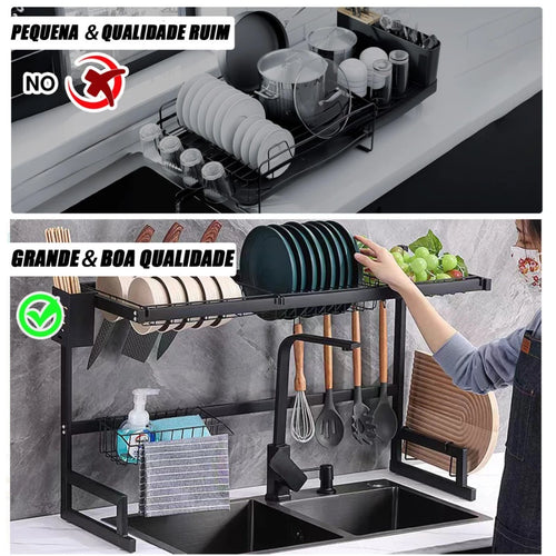 Escorredor Aço Inoxidável 65cm Ajustável Organizador Louça Preto Cozinha