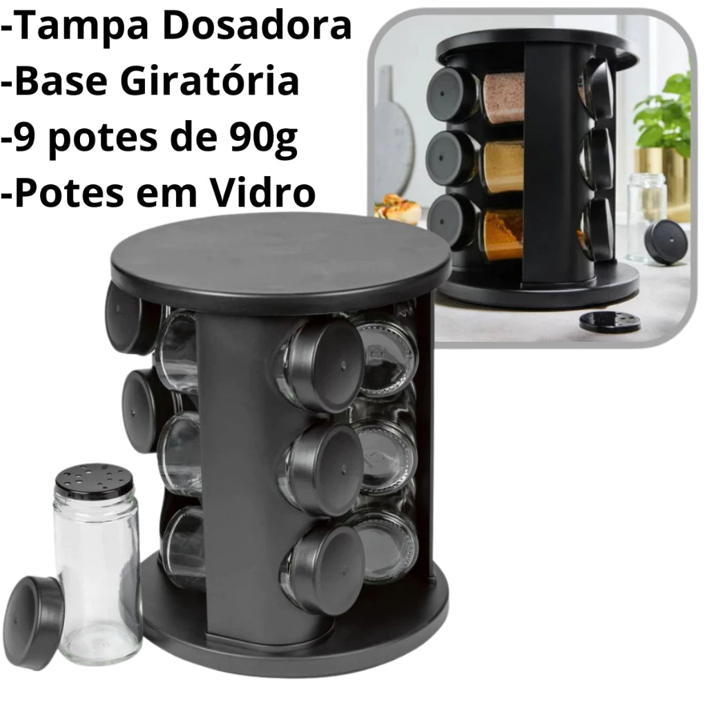 Porta-Temperos Giratório com 9 Potes de Vidro 90g, Tampa Dosadora Preta e Etiquetas