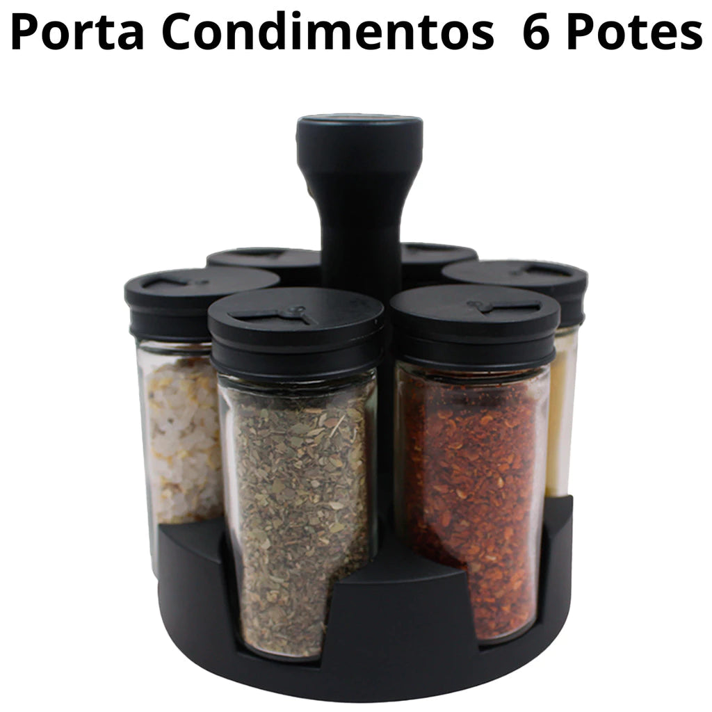 Organizador de Temperos Giratório com 6 Potes de Vidro 90g – Preto