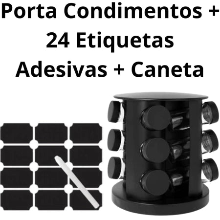 Porta-Temperos Giratório com 9 Potes de Vidro 90g, Tampa Dosadora Preta e Etiquetas