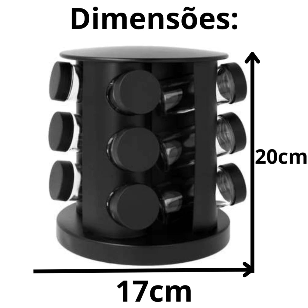 Porta-Temperos Giratório com 9 Potes de Vidro 90g, Tampa Dosadora Preta e Etiquetas