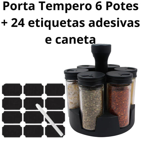 Organizador de Temperos Giratório com 6 Potes de Vidro 90g – Preto